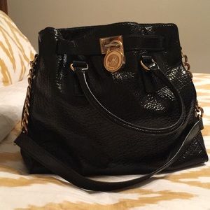 Black and gold large Hamilton embossed satchel